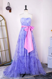 Purple Strapless Floral Print Long A-Line Formal Dresses with Pink Sash