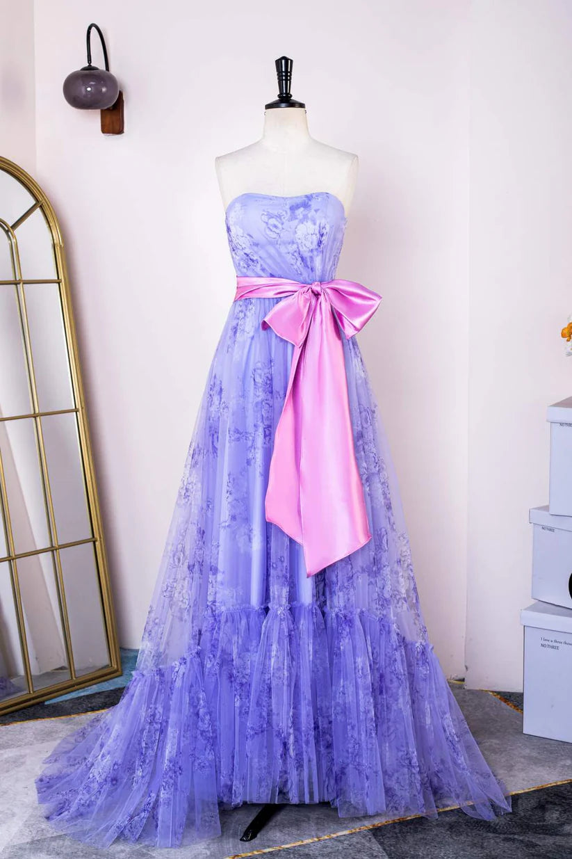 Purple Strapless Floral Print Long A-Line Formal Dresses with Pink Sash