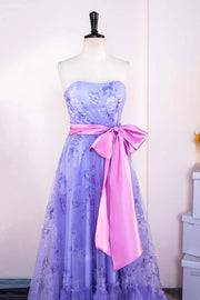 Purple Strapless Floral Print Long A-Line Formal Dresses with Pink Sash