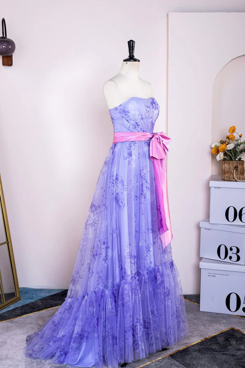 Purple Strapless Floral Print Long A-Line Formal Dresses with Pink Sash