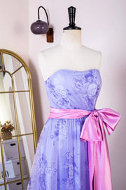 Purple Strapless Floral Print Long A-Line Formal Dresses with Pink Sash