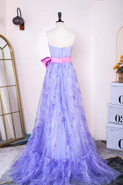 Purple Strapless Floral Print Long A-Line Formal Dresses with Pink Sash