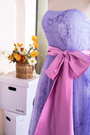 Purple Strapless Floral Print Long A-Line Formal Dresses with Pink Sash