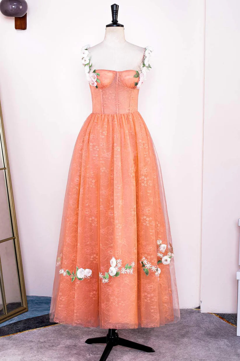 Orange A-Line Straps Sleeveless Tulle Formal Dresses with Appliques