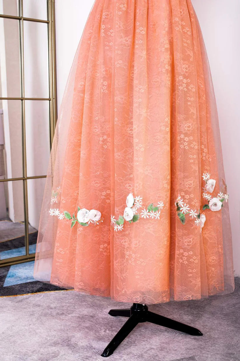 Orange A-Line Straps Sleeveless Tulle Formal Dresses with Appliques