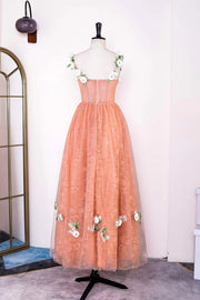 Orange A-Line Straps Sleeveless Tulle Formal Dresses with Appliques