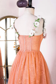 Orange A-Line Straps Sleeveless Tulle Formal Dresses with Appliques