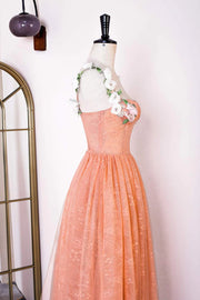 Orange A-Line Straps Sleeveless Tulle Formal Dresses with Appliques