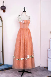 Orange A-Line Straps Sleeveless Tulle Formal Dresses with Appliques