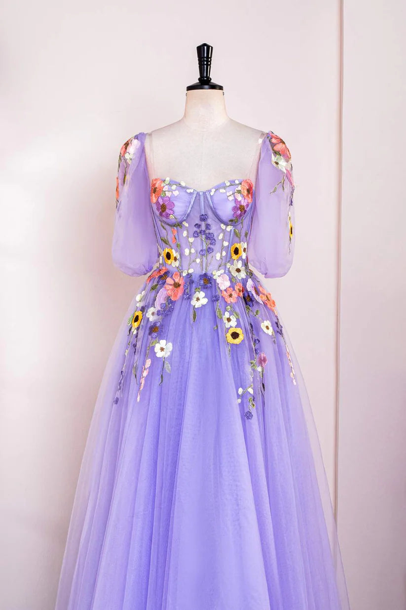 Lavender Sweetheart A-Line Long Formal Dresses Half Sleeves Floral Embroidery