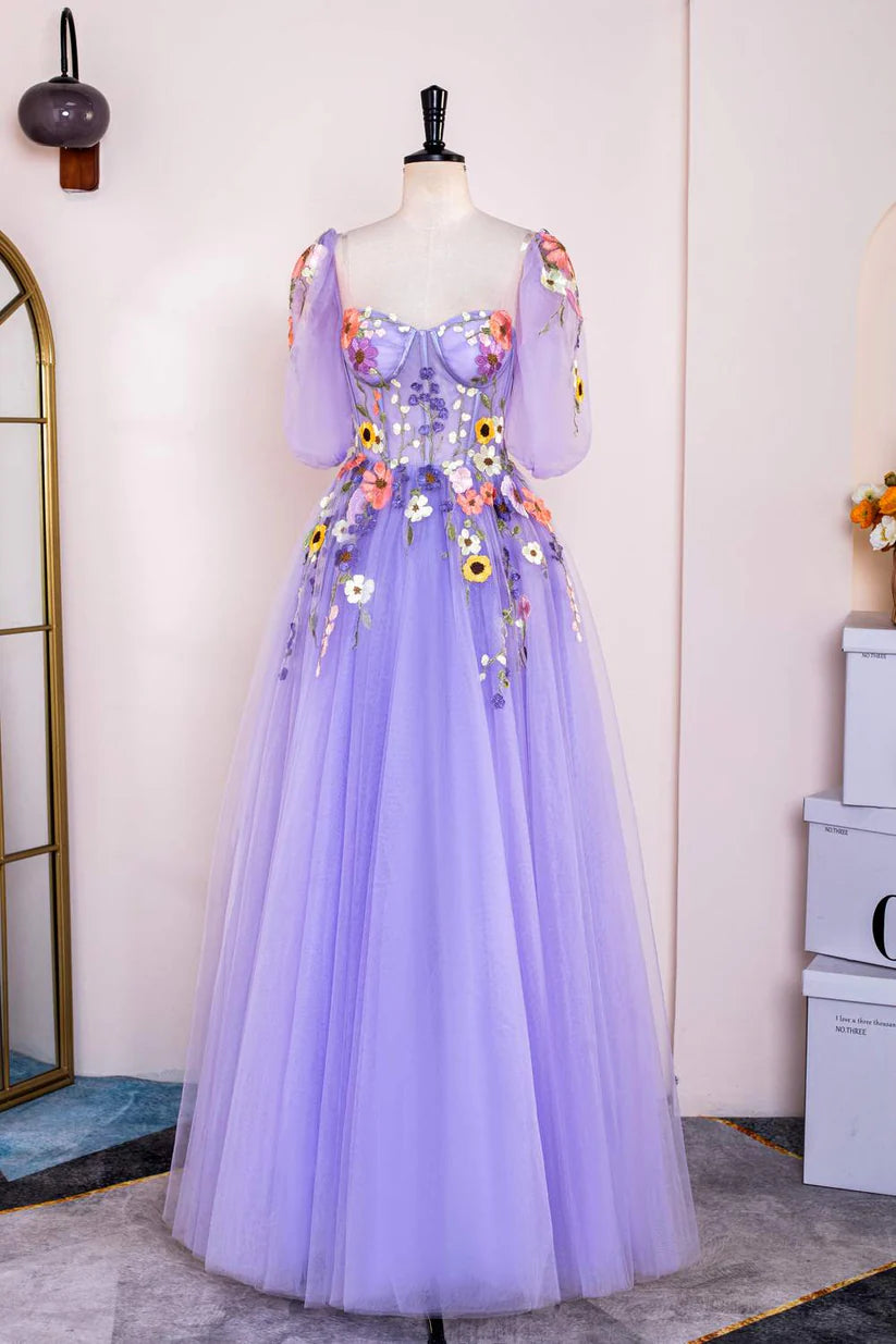 Lavender Sweetheart A-Line Long Formal Dresses Half Sleeves Floral Embroidery