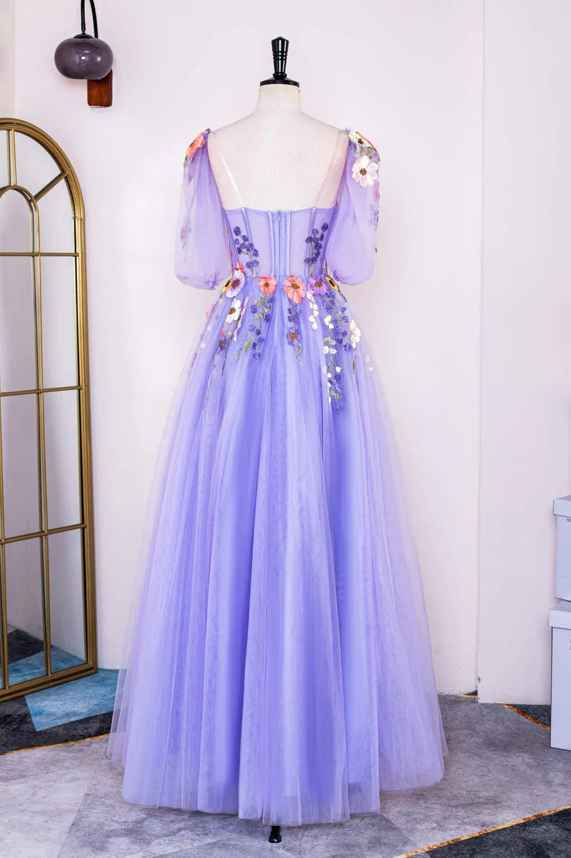 Lavender Sweetheart A-Line Long Formal Dresses Half Sleeves Floral Embroidery