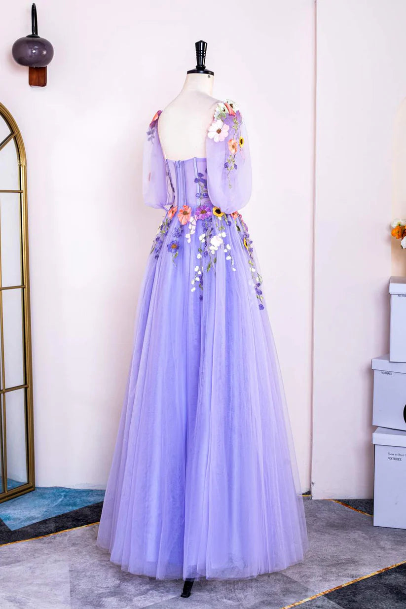 Lavender Sweetheart A-Line Long Formal Dresses Half Sleeves Floral Embroidery