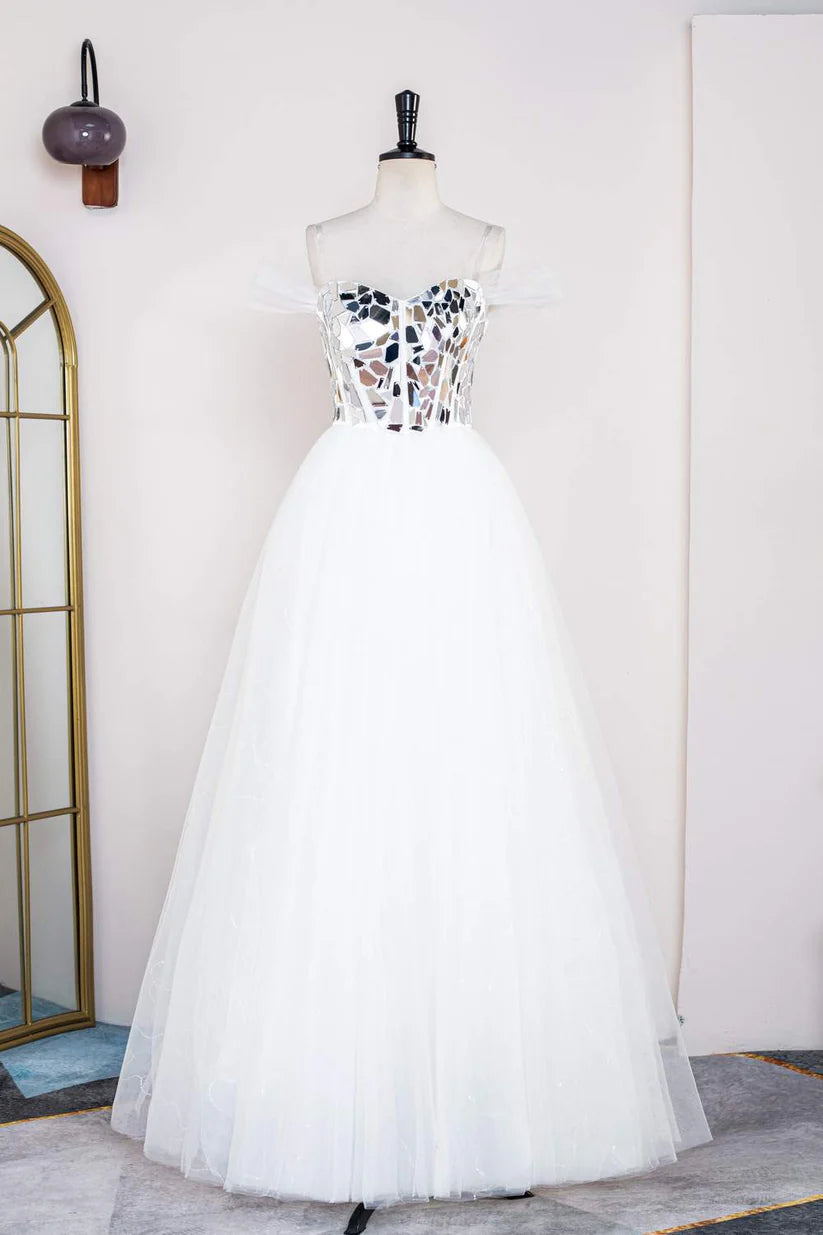 White Sequined Ball Gown Tulle Prom Dresses Off-The-Shoulder Floor-Length