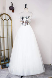 White Sequined Ball Gown Tulle Prom Dresses Off-The-Shoulder Floor-Length