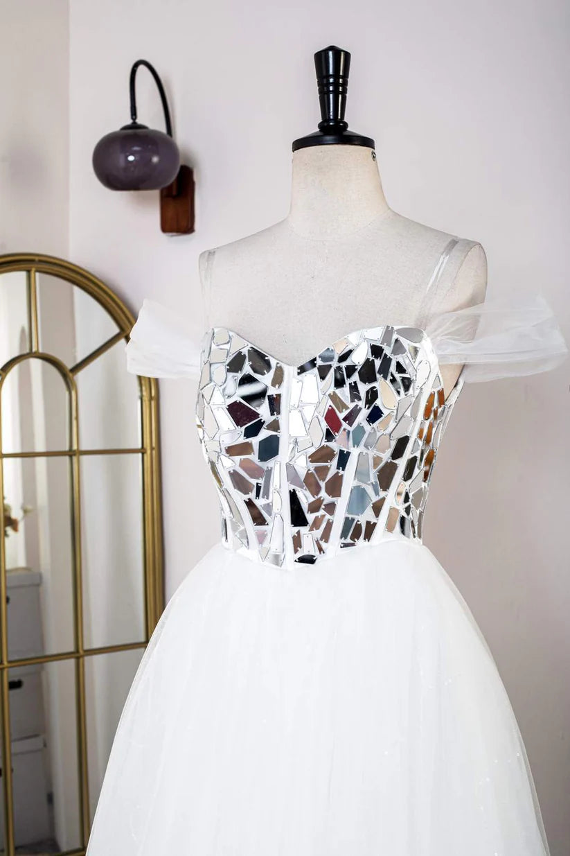 White Sequined Ball Gown Tulle Prom Dresses Off-The-Shoulder Floor-Length