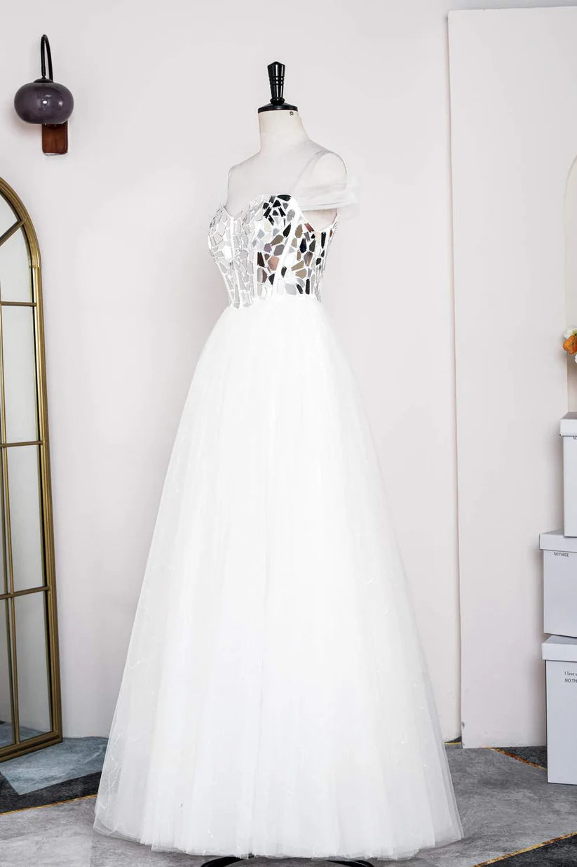 White Sequined Ball Gown Tulle Prom Dresses Off-The-Shoulder Floor-Length