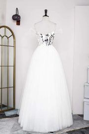 White Sequined Ball Gown Tulle Prom Dresses Off-The-Shoulder Floor-Length