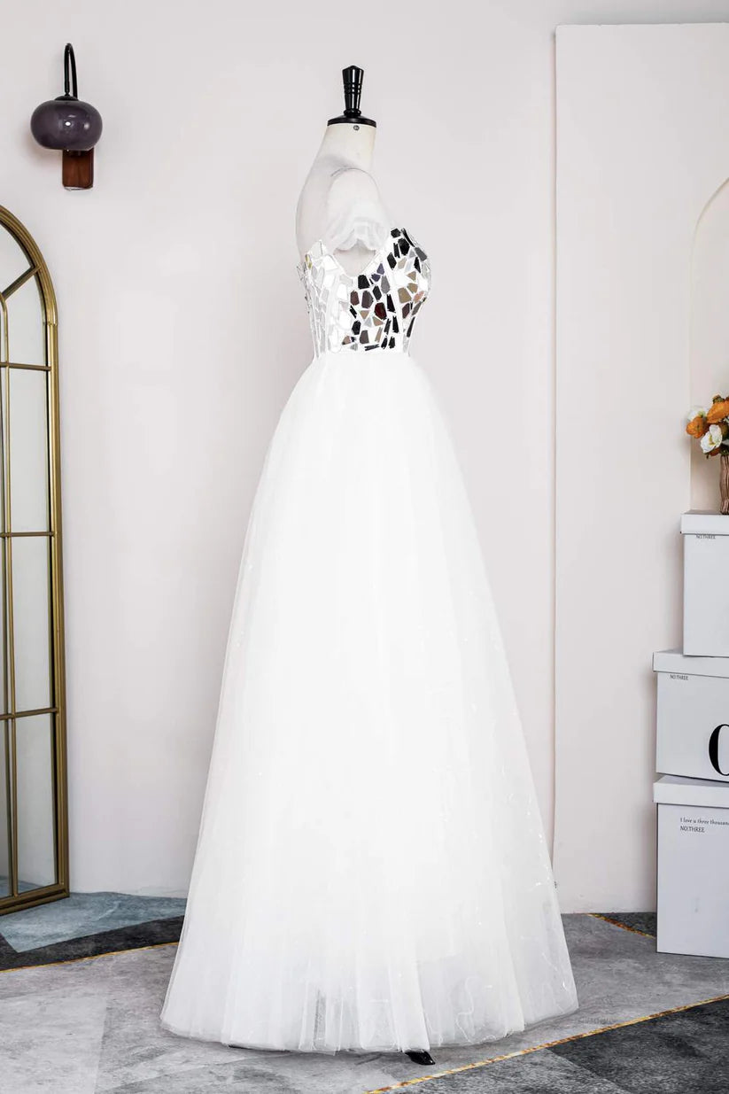 White Sequined Ball Gown Tulle Prom Dresses Off-The-Shoulder Floor-Length