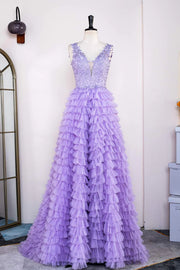 Lavender V-Neck A-Line Tulle Ruffles Long Prom Dresses with Appliques