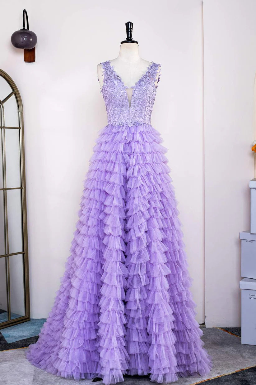 Lavender V-Neck A-Line Tulle Ruffles Long Prom Dresses with Appliques