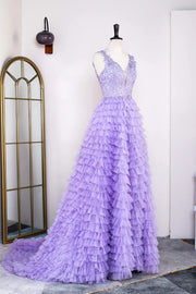 Lavender V-Neck A-Line Tulle Ruffles Long Prom Dresses with Appliques