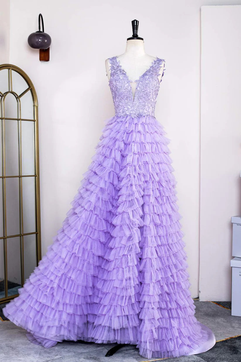 Lavender V-Neck A-Line Tulle Ruffles Long Prom Dresses with Appliques