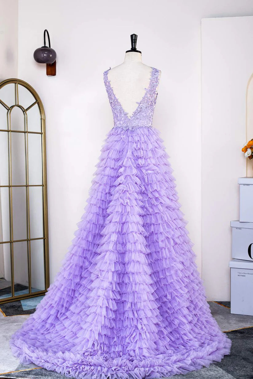 Lavender V-Neck A-Line Tulle Ruffles Long Prom Dresses with Appliques