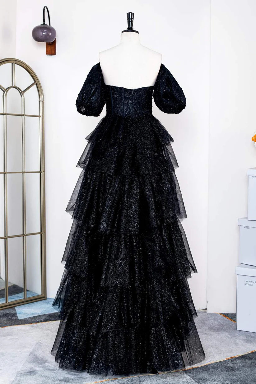 Black V-Neck Floor-Length Off-The-Shoulder A-Line Long Formal Dresses