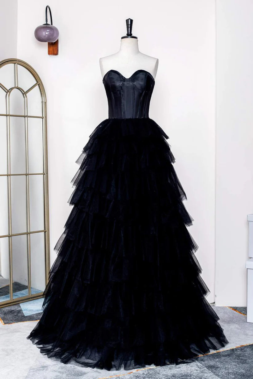 Black Sweetheart Strapless A-Line Tiered Tulle Split Front Formal Dresses