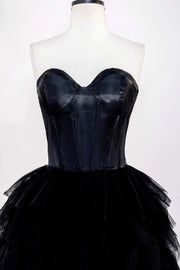 Black Sweetheart Strapless A-Line Tiered Tulle Split Front Formal Dresses