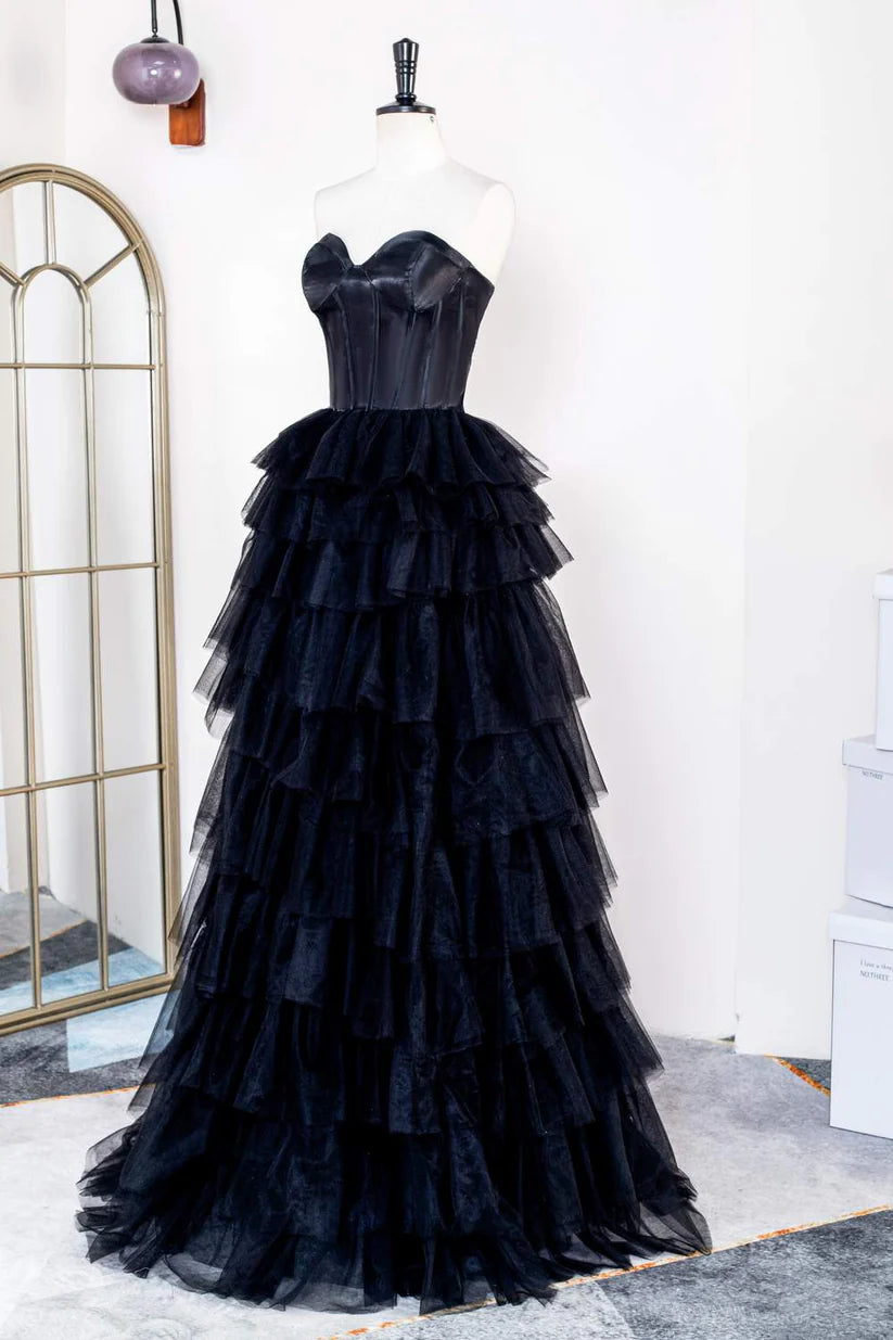 Black Sweetheart Strapless A-Line Tiered Tulle Split Front Formal Dresses