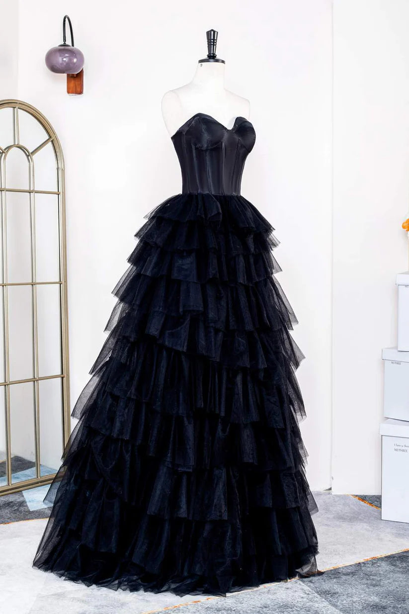 Black Sweetheart Strapless A-Line Tiered Tulle Split Front Formal Dresses