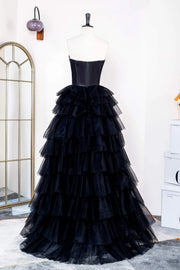 Black Sweetheart Strapless A-Line Tiered Tulle Split Front Formal Dresses