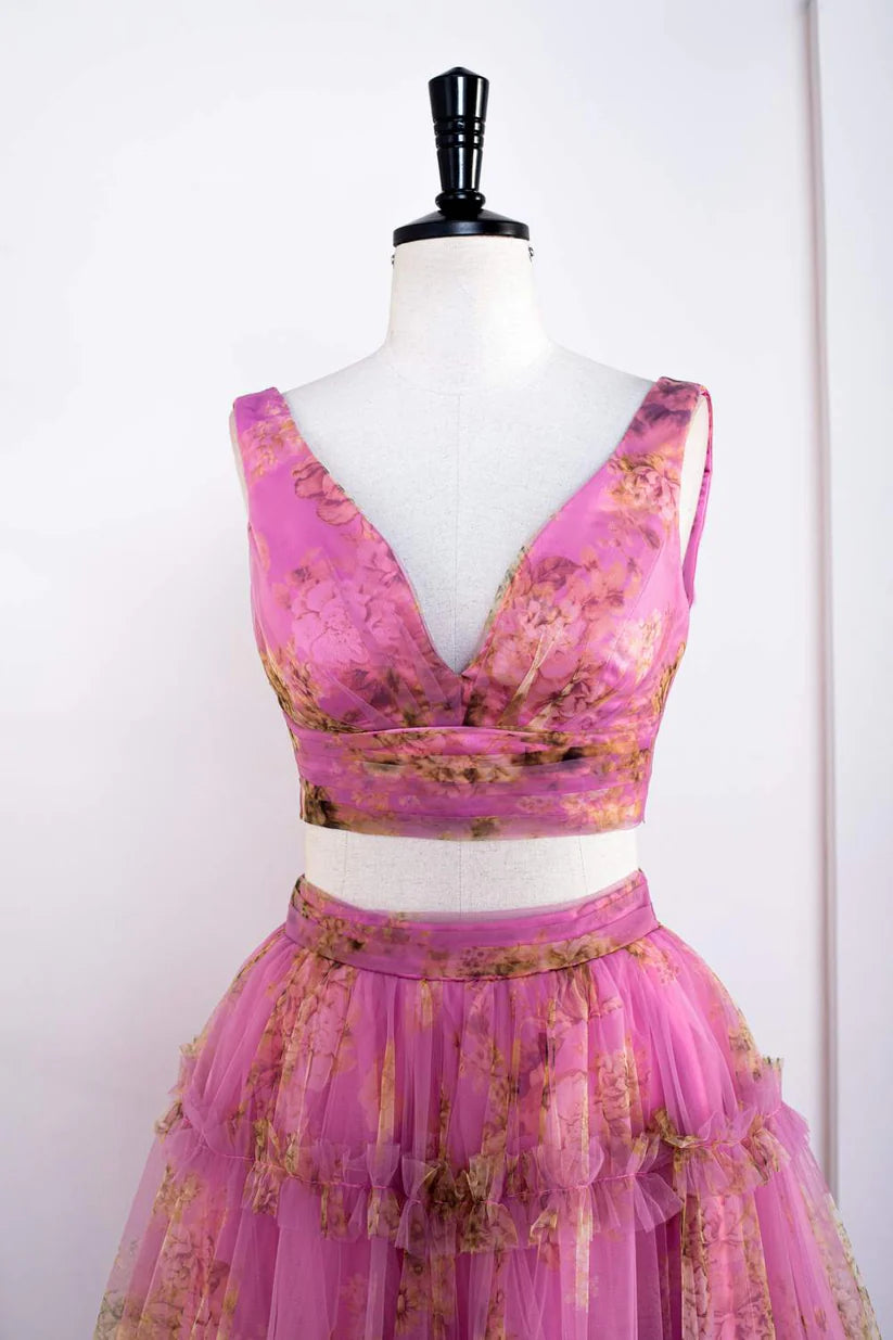 Fuchsia Two-Piece V-Neck Sleeveless Floral Print Long Formal Dresses