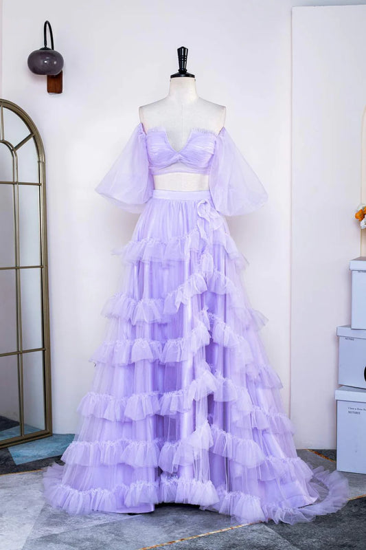 Lavender Two Piece V Neck Ruffles Prom Dress with Slit