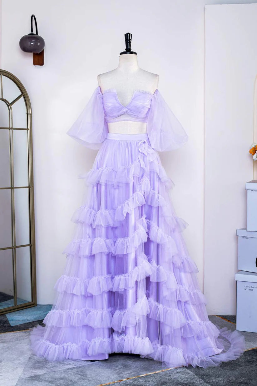 Lavender Two-Piece Long A-Line Tulle Prom Dresses V-Neck Off-The-Shoulder with Slit