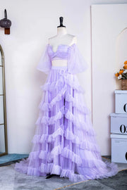 Lavender Two-Piece Long A-Line Tulle Prom Dresses V-Neck Off-The-Shoulder with Slit