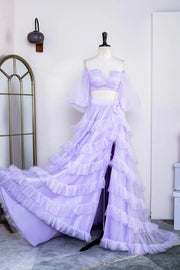 Lavender Two-Piece Long A-Line Tulle Prom Dresses V-Neck Off-The-Shoulder with Slit