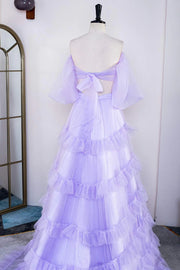 Lavender Two-Piece Long A-Line Tulle Prom Dresses V-Neck Off-The-Shoulder with Slit