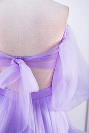 Lavender Two-Piece Long A-Line Tulle Prom Dresses V-Neck Off-The-Shoulder with Slit