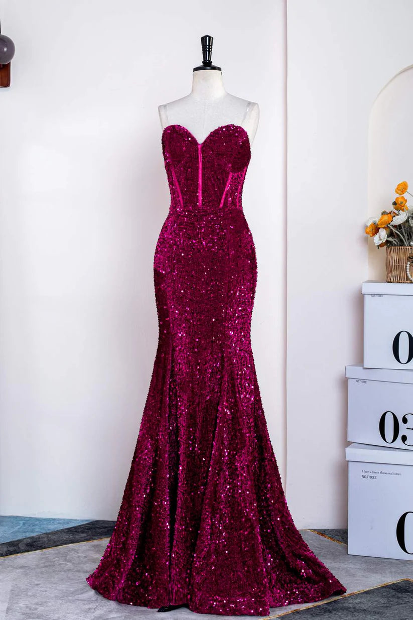 Fuchsia Sweetheart Strapless Sequined Mermaid Long Prom Dresses with Sweep Train