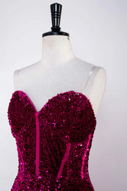 Fuchsia Sweetheart Strapless Sequined Mermaid Long Prom Dresses with Sweep Train