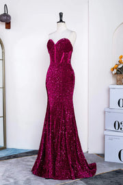 Fuchsia Sweetheart Strapless Sequined Mermaid Long Prom Dresses with Sweep Train