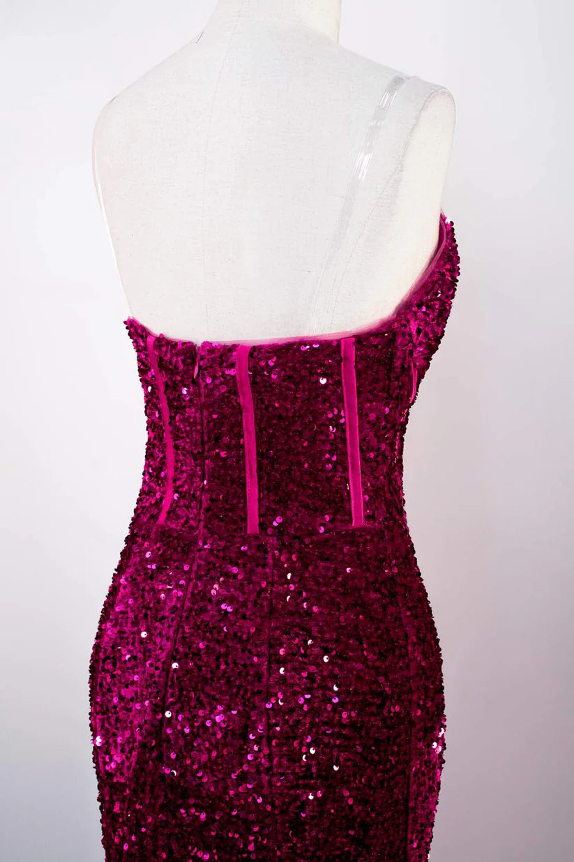 Fuchsia Sweetheart Strapless Sequined Mermaid Long Prom Dresses with Sweep Train