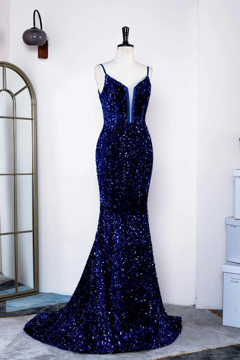 Royal Blue Deep V-Neck Long Prom Dresses Sequined Mermaid Spaghetti Straps