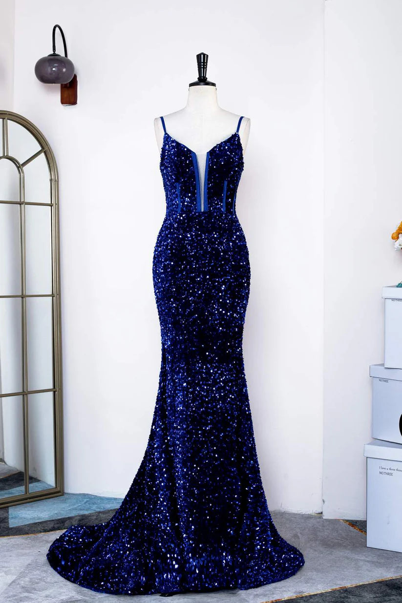 Royal Blue Deep V-Neck Long Prom Dresses Sequined Mermaid Spaghetti Straps