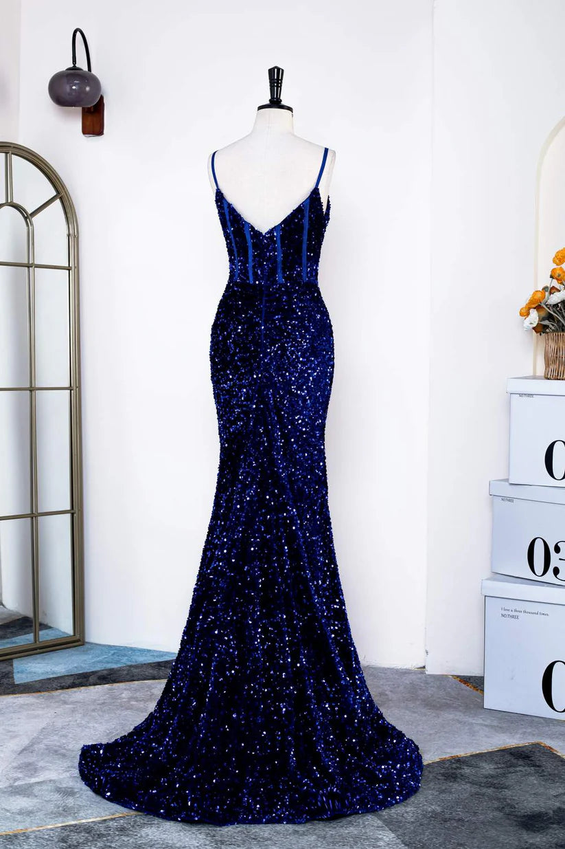 Royal Blue Deep V-Neck Long Prom Dresses Sequined Mermaid Spaghetti Straps