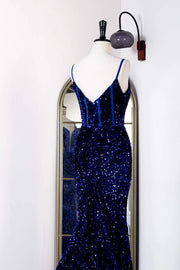 Royal Blue Deep V-Neck Long Prom Dresses Sequined Mermaid Spaghetti Straps