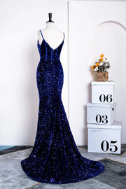 Royal Blue Deep V-Neck Long Prom Dresses Sequined Mermaid Spaghetti Straps